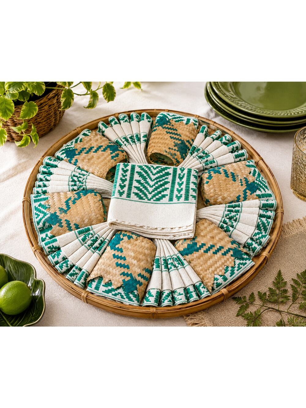 Vintage Handwoven Hostess Napkin Basket Set Bamboo Tray Green White 12pc